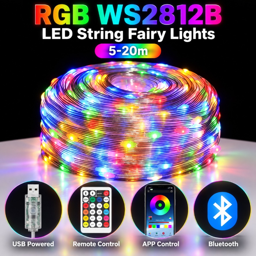 Ws2812B Strip 5V - 5-20m WS2812B RGB LED-Lichterkette mit Bluetooth-App-Fernbedienung,